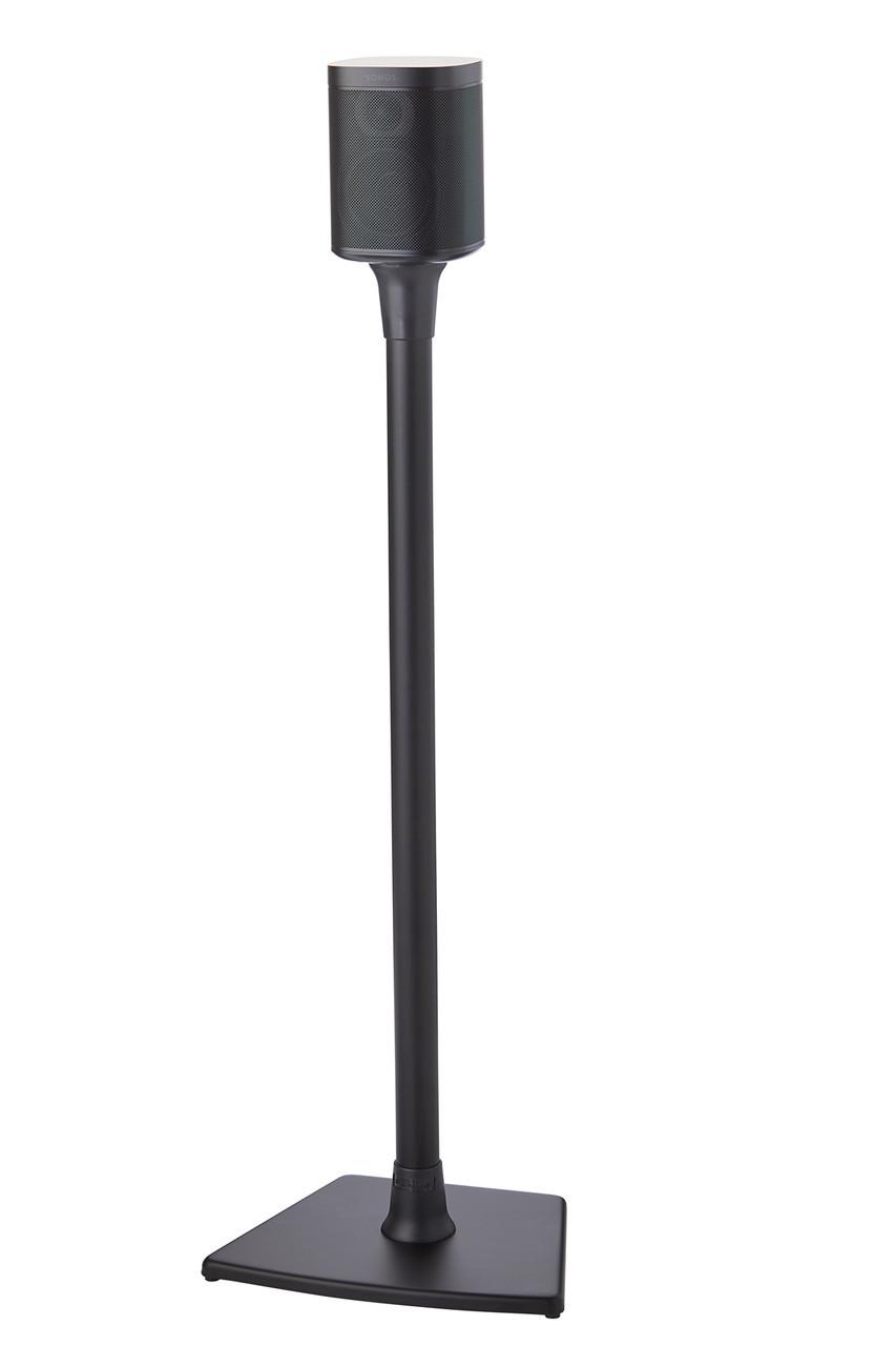 Closeup of anodized aluminum shaft on SANUS WSS21 holding Sonos PLAY:1 for stereo setup