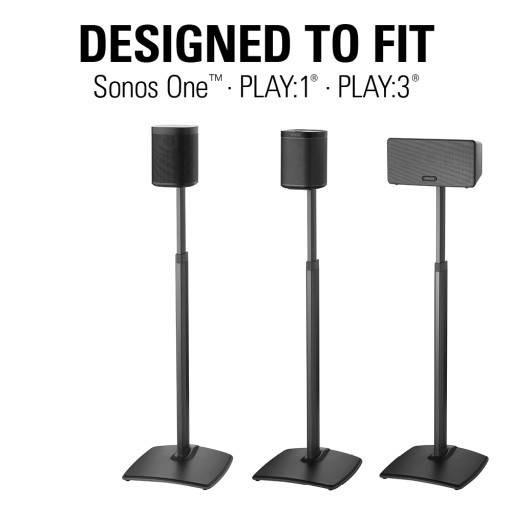 SANUS WSSA2 black adjustable stands holding Sonos ONE, Play 1 and Play 3 speakers 