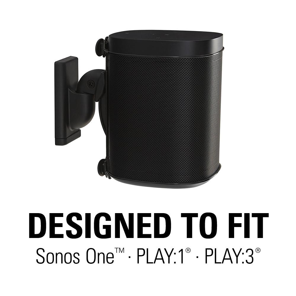 SANUS WSWM black wall mount with Sonos ONE speaker swiveled 132 degrees for room-filling audio