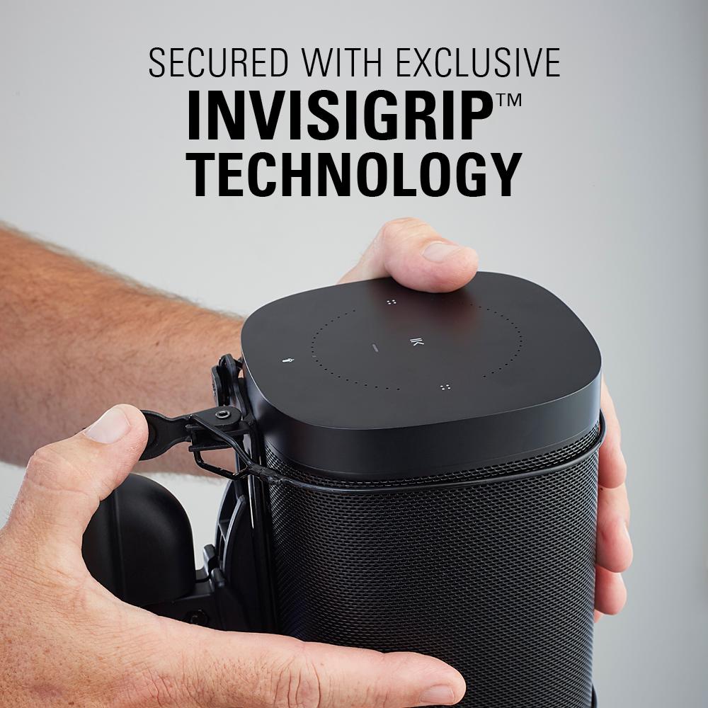 Closeup of InvisiGrip wires securely cradling Sonos PLAY:1 speaker on SANUS mount