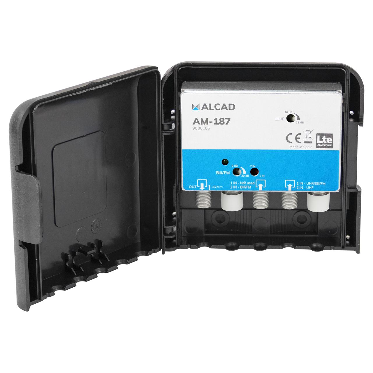 Closeup of tiltable Zamak chassis on Alcad AM-187 showing F-type connectors