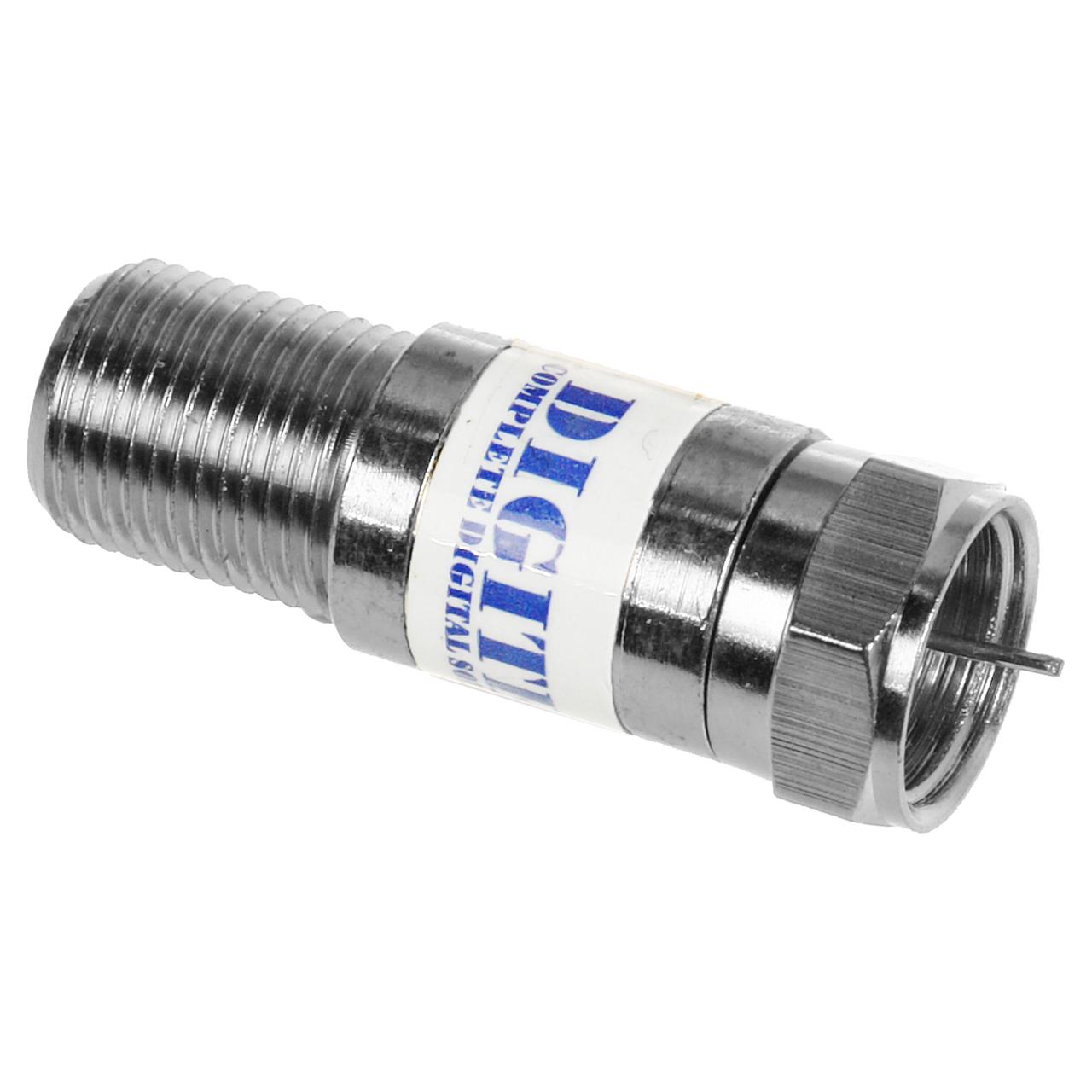 Digitek 6dB F-Type Attenuator in silver housing, F-Type Female to Male connector, for precise TV and satellite signal control