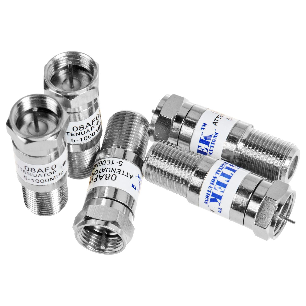 Group of Digitek 9dB F-Type attenuators, ideal for installers and multi-device TV setups  Professional F-Type attenuator, 9dB signal reduction, compatible with residential and commercial systems