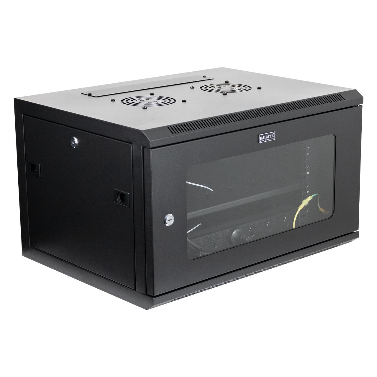 Datatek 24B6RW64FPS 6U wall mount cabinet front angle view with tempered glass door and black powder coated frame for 19\" equipment