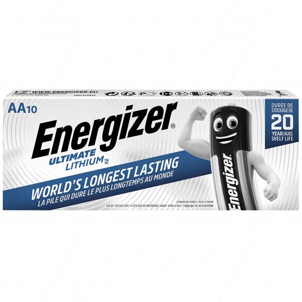 Energizer L91DP10 10-pack batteries in original display packaging, highlighting the brand logo and device compatibility icons for digital cameras and toys