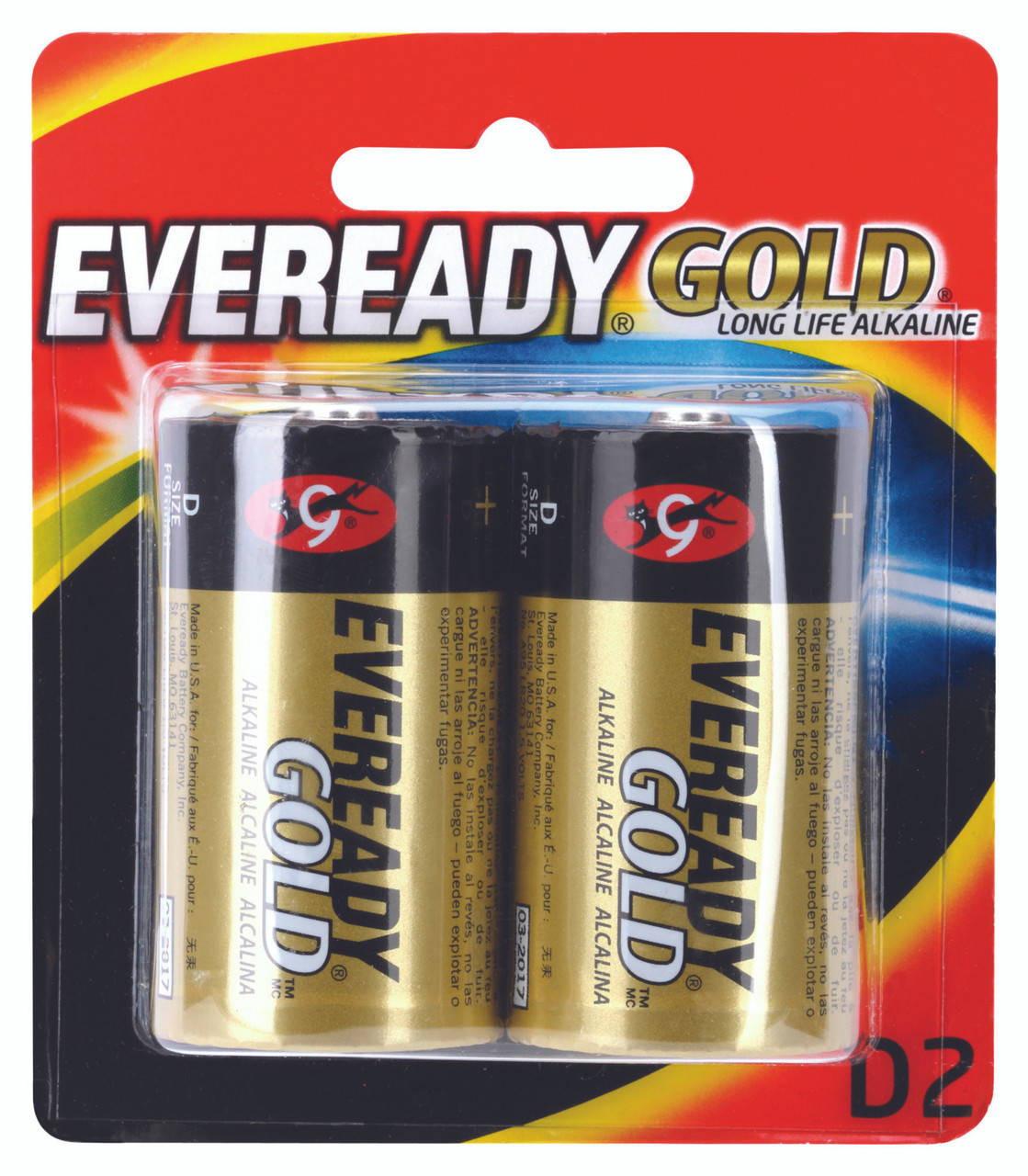 Eveready Gold A95BP2 2-pack batteries in original blister packaging, highlighting the brand logo and device compatibility icons for remotes and radios