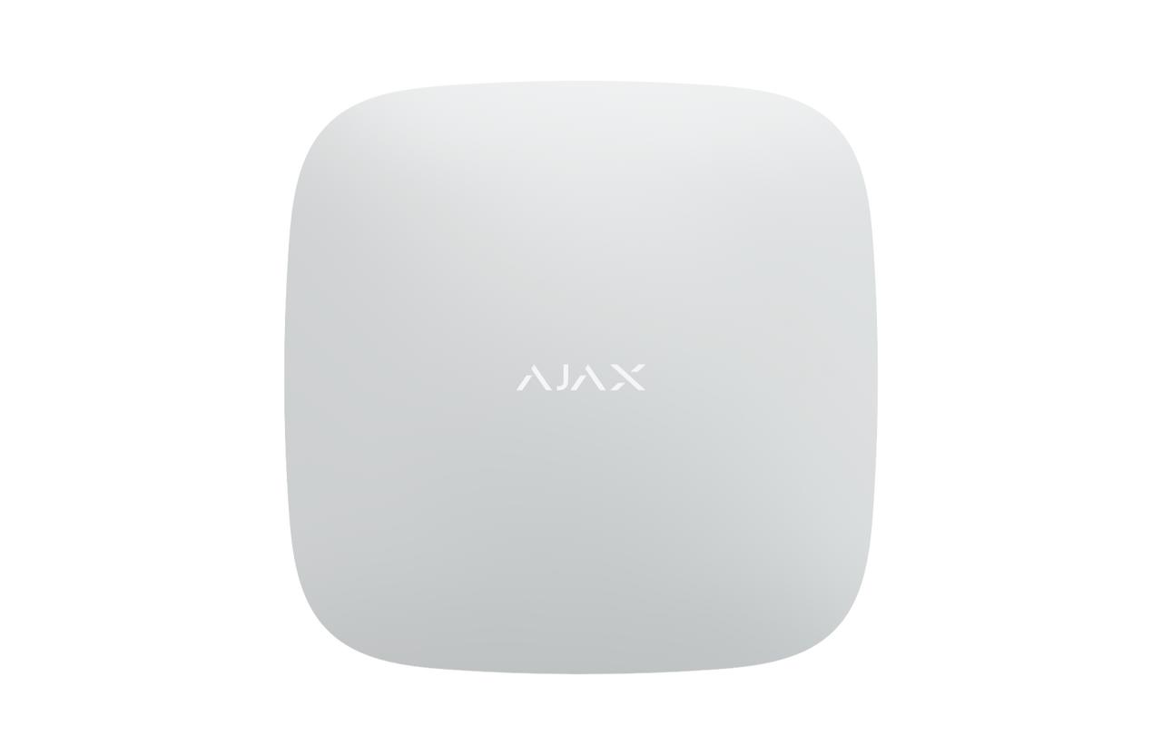 White Ajax Hub 2 control panel with Ethernet and dual 4G, supporting 100 devices and photo verification for security