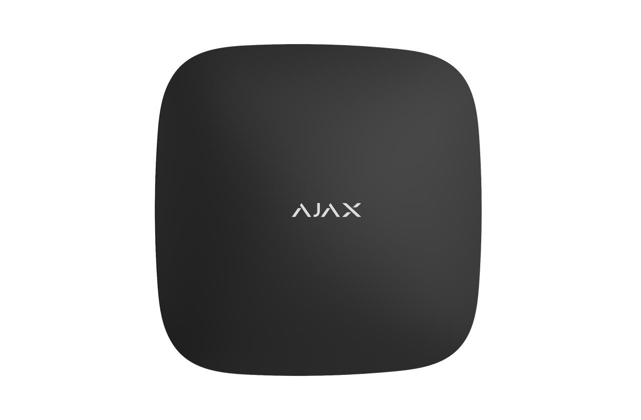 Black Ajax Hub 2 control panel with Ethernet and dual 4G, supporting 100 devices and photo verification for security