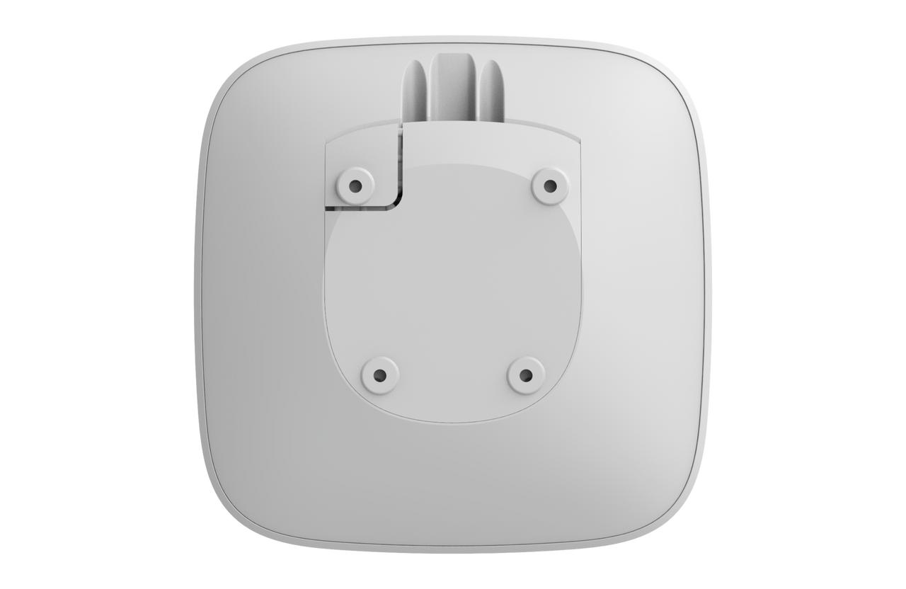 Back profile of Ajax Hub 2 Plus in white, manages 200 devices with 4G/WiFi/Ethernet and tamper protection.