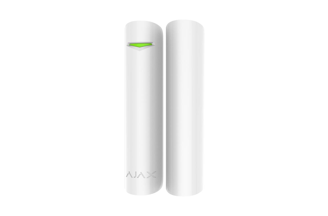 White Ajax DoorProtect Plus wireless magnetic sensor with shock and tilt detection for door/window security via Jeweller