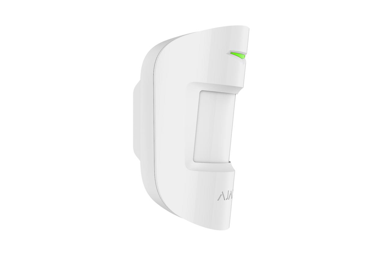 Side view of Ajax MotionProtect white PIR detector ignoring pets up to 50cm tall, with false alarm prevention algorithm