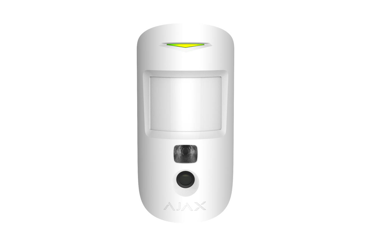 White Ajax MotionCam 2-way wireless PIR motion detector with built-in camera for photo alarm verification.