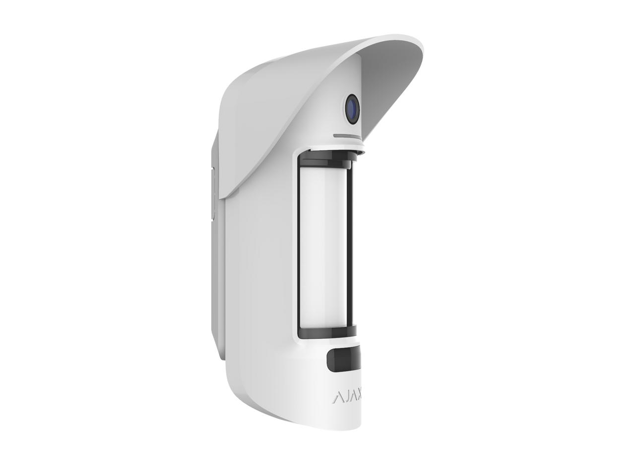 Ajax MotionCam Outdoor white with hood, features 15m detection and night vision.