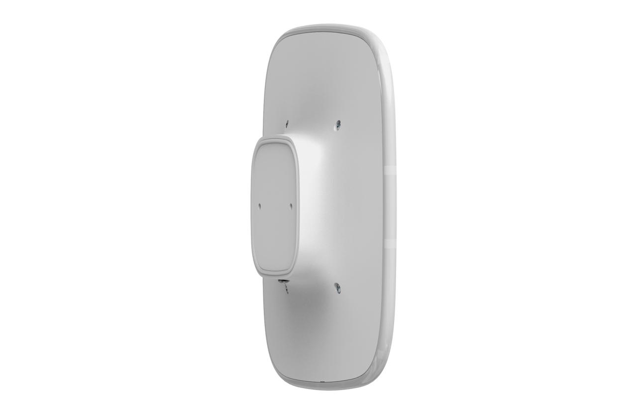 Rear angle view of Ajax StreetSiren silver/white siren featuring LED frame for armed status and 1,500m wireless range