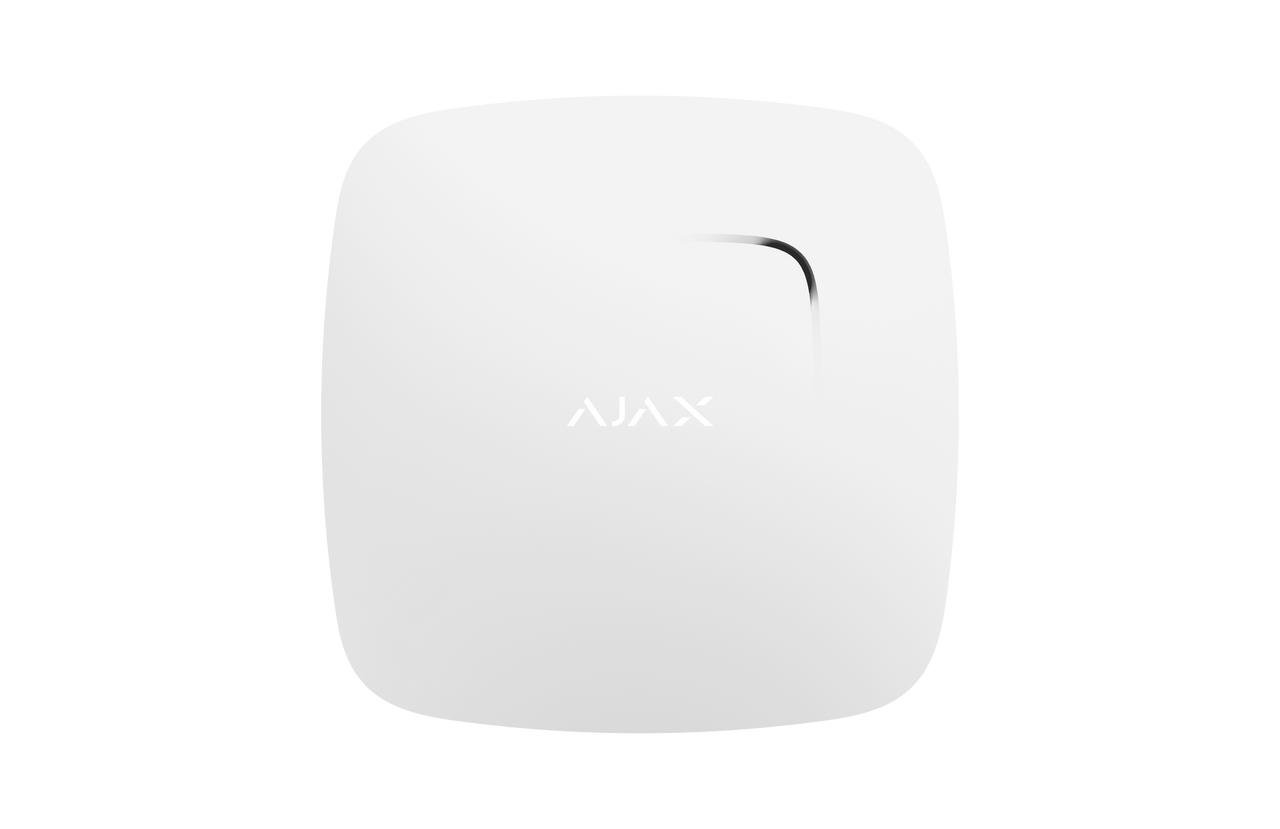 White Ajax FireProtect 2.0 wireless smoke and temperature detector with 85dB siren for instant fire alerts.