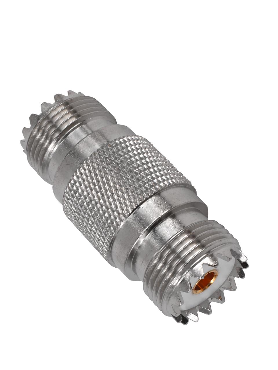 Close-up of Hills Antenna UHF/SO-239 Female to UHF/SO-239 Female Adaptor showing nickel-plated brass body and straight design for easy RF cable extension