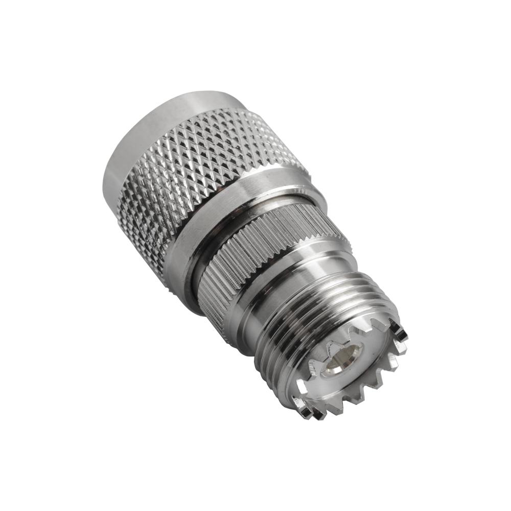 Side view of the durable Hills Antenna N to UHF/SO-239 adaptor with low resistance specs, ideal for 50 Ohm CB radio or TV signal extensions