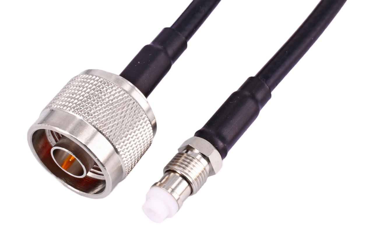 Close-up of Hills Antenna FME Female to N Male Connectors in LL195 Cable
