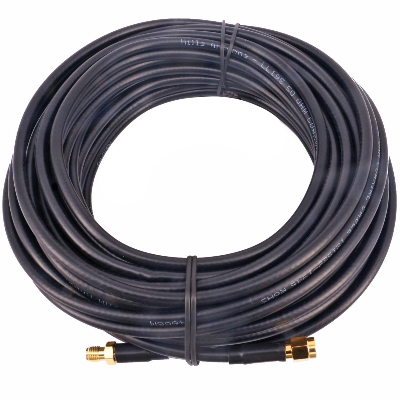 Roll of the black UV-stabilised 15-metre LL195 coax cable with SMA female and male connectors, ready for short antenna or device plugs