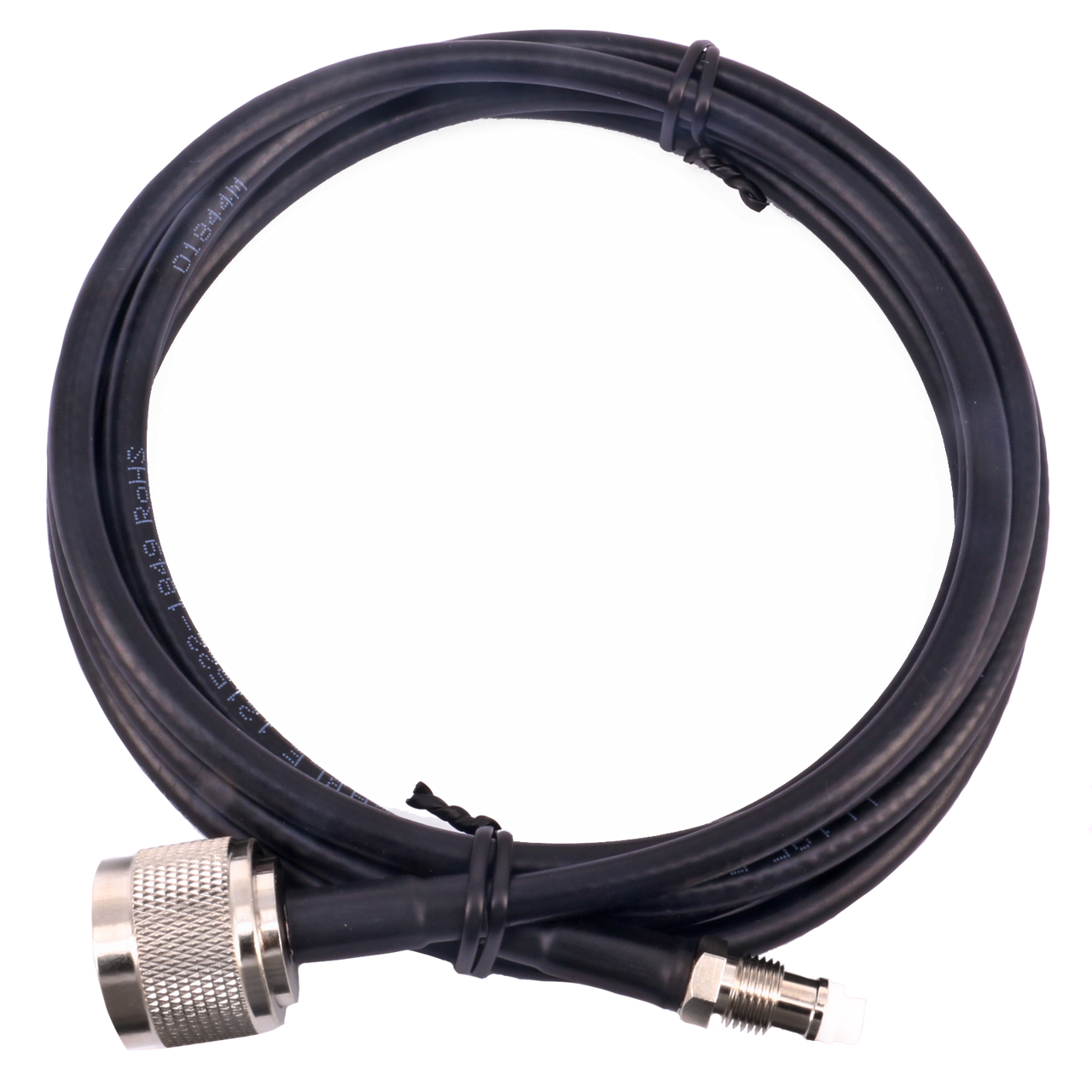 Extended shot of black UV-stabilised 2-metre LL195 coax cable with FME and N-type connectors, showcasing flexible jacket for versatile antenna connections