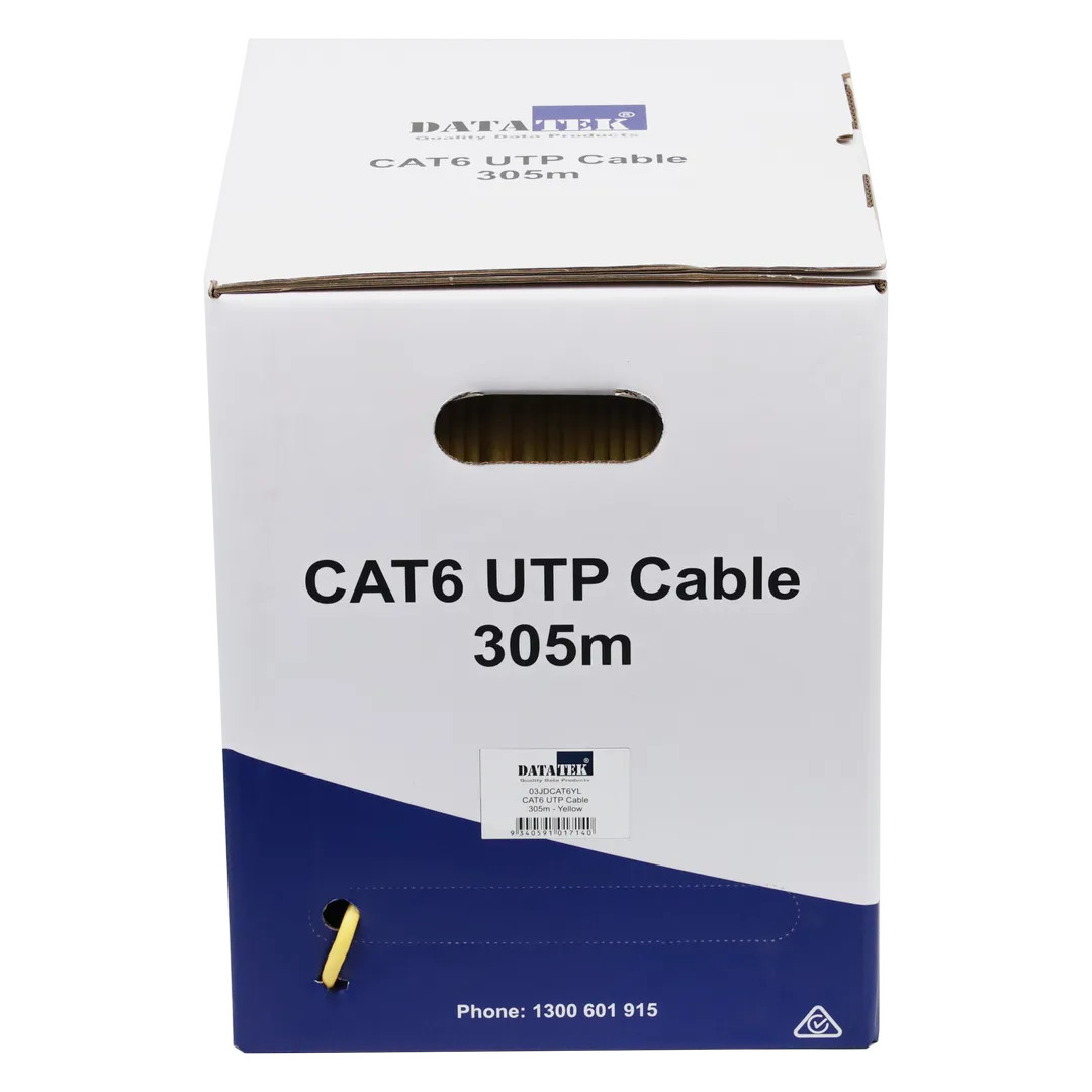 DATATEK CAT6 UTP Cable 305m yellow box front view with pull-out design side view
