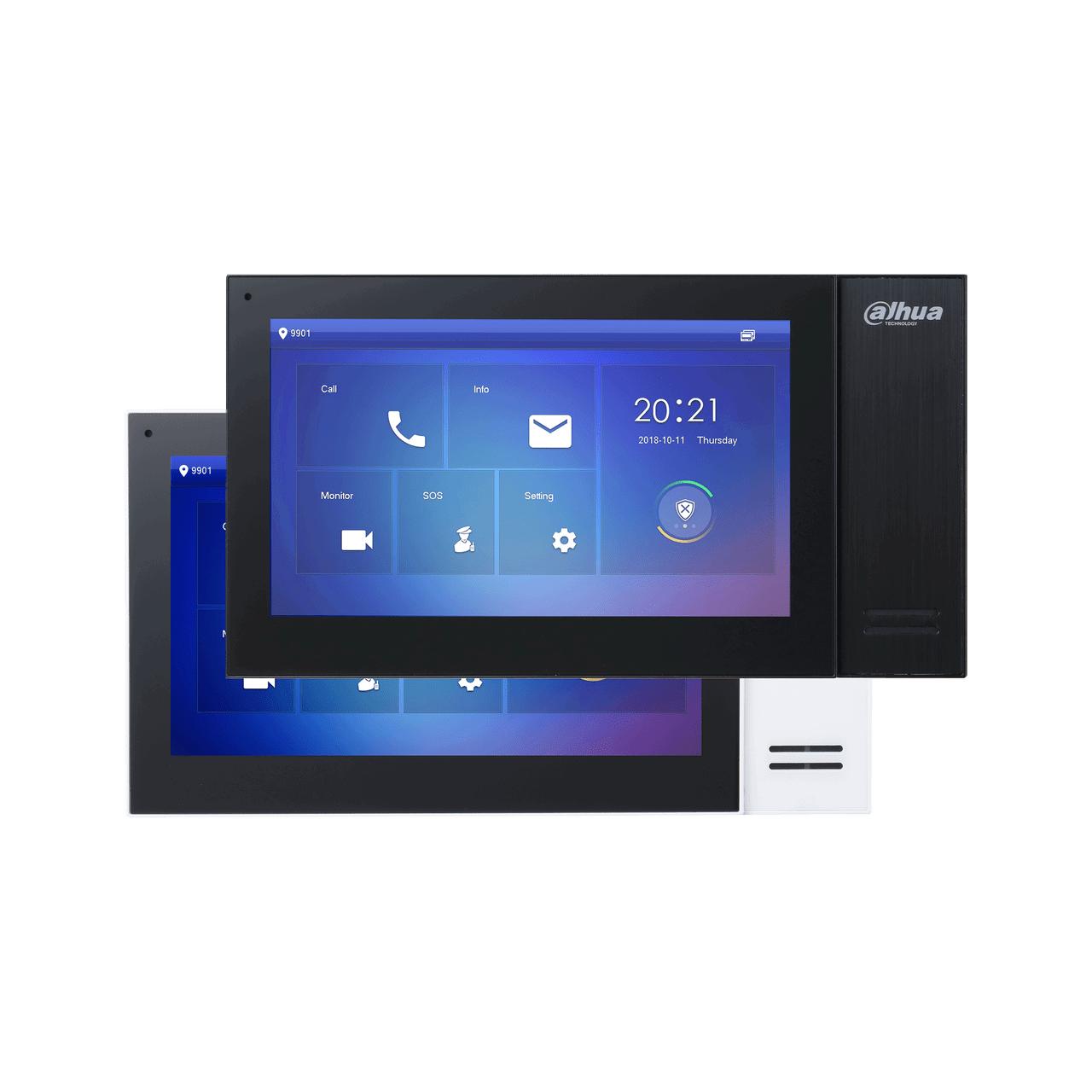 Dahua VTH2421FW-P white indoor monitor showing IPC surveillance integration