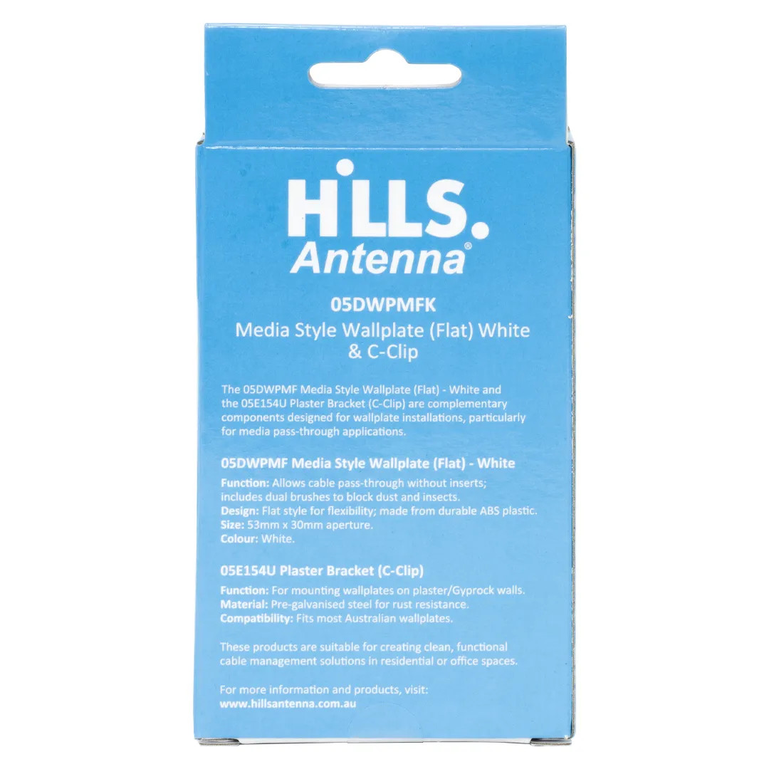 Hills Antenna Flat Media Style White Wallplate with C-Clip Packaging Rear View