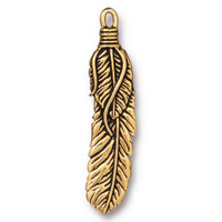 Feather 2 inch Charm, Antiqued Gold Plate, 10 per Pack