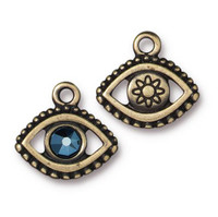 Evil Eye Charm With Metallic Blue Crystal, Oxidized Brass Plate, 6 per Pack