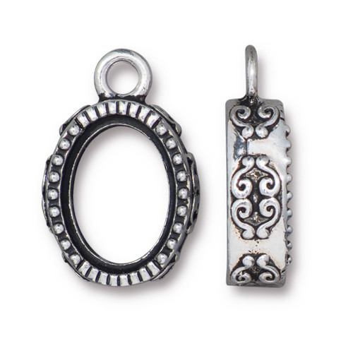 Oval Scroll 14x10mm Bezel Pendant, Antiqued Silver Plate, 10 per Pack