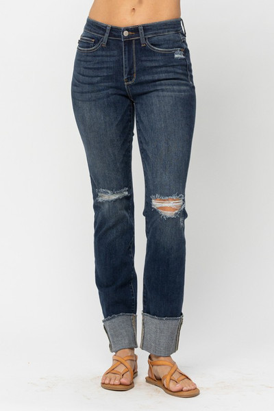 Mid Rise Distressed Straight Leg Jeans