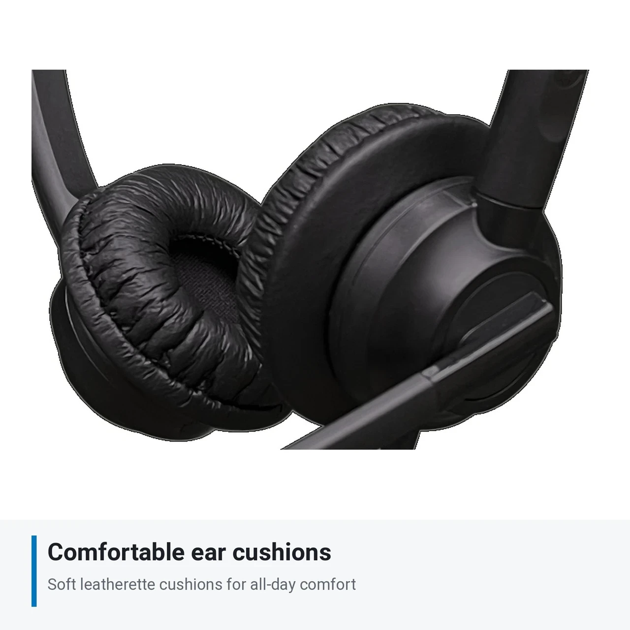 Close-up of the soft leatherette ear cushions on the Eartec Office 308D headset