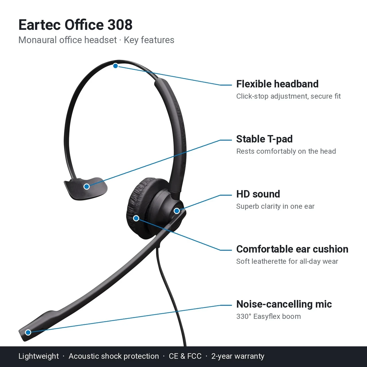 Eartec Office 308 key features: flexible headband, HD sound, comfortable ear cushion, noise-cancelling mic