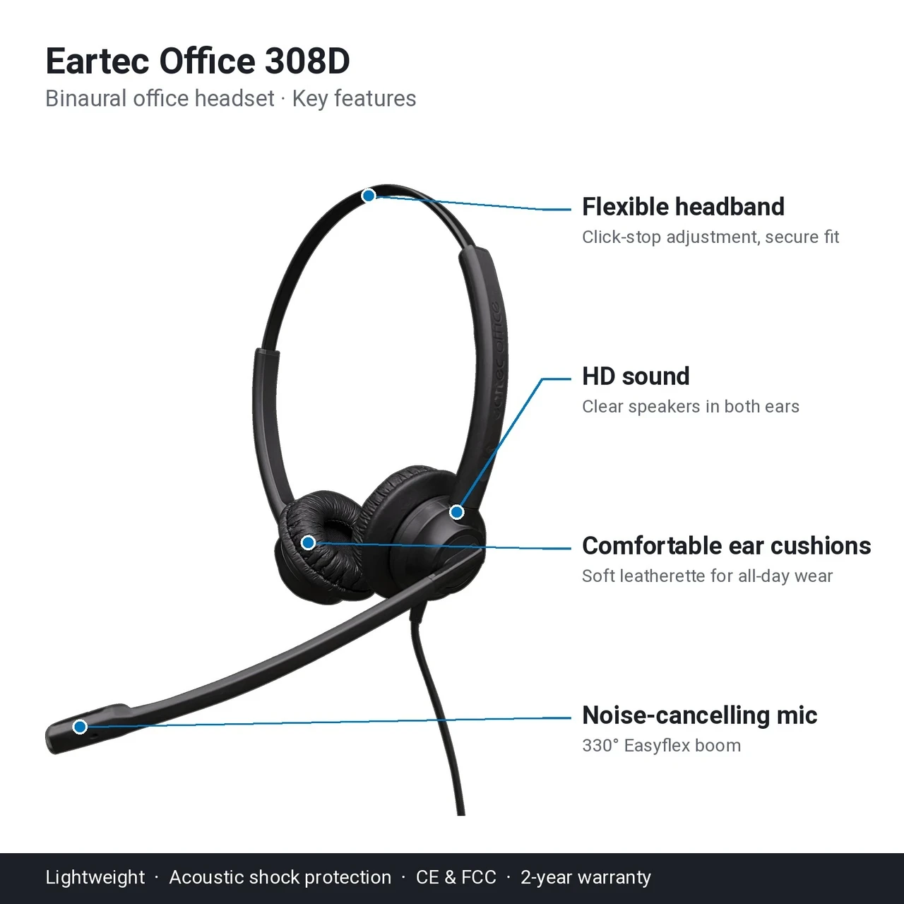Eartec Office 308D key features: flexible headband, HD sound, comfortable ear cushions, noise-cancelling mic