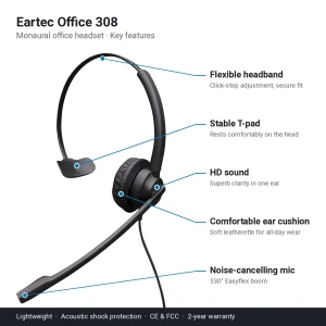 Eartec Office 308 key features: flexible headband, HD sound, comfortable ear cushion, noise-cancelling mic