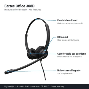 Eartec Office 308D key features: flexible headband, HD sound, comfortable ear cushions, noise-cancelling mic