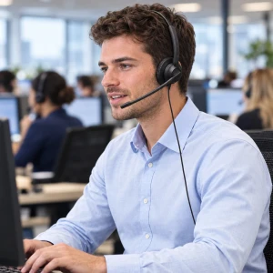 Eartec Office 308 monaural headset in use in a busy UK office