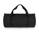 A black gym duffel bag with dual carrying handles and a rounded shape, featuring a branding logo.