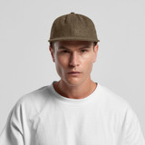 A wool cap in a brownish-green hue is worn by a model in a white t-shirt, featuring a brand logo.