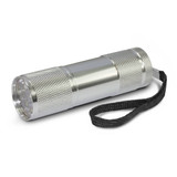 A compact silver torch with a textured grip and a wrist strap.