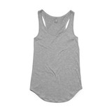 A grey racerback singlet with a relaxed fit and rounded hem. It features a branding logo at the neck.