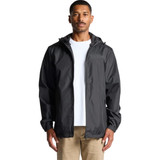 A black rain jacket with a hood, featuring a front zip closure and a person wearing it.
