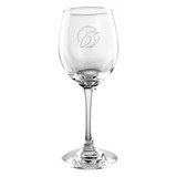 A clear glass wine glass with an engraved design on the bowl and a tall, elegant stem.