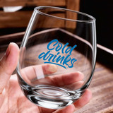 A glass wine tumbler with a clear design and a logo featuring the words "Cold drinks" in blue.