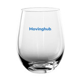 A glass wine cup in clear glass with a rounded shape, featuring a logo in blue.