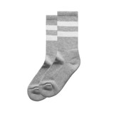 Two pairs of grey socks with white stripes, featuring a simple design and a branding logo.