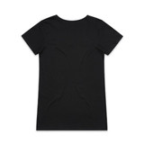 A black V-neck T-shirt with short sleeves and a plain back design, featuring a logo.