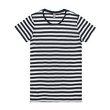 A black and white striped T-shirt with a classic crew neckline and short sleeves. It features a logo on the label.