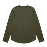 A green long-sleeve T-shirt with a rounded hem and a plain back design. It features a branding logo.