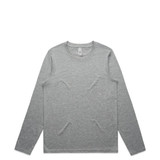 A light grey long-sleeved T-shirt with a simple design and a branding logo.